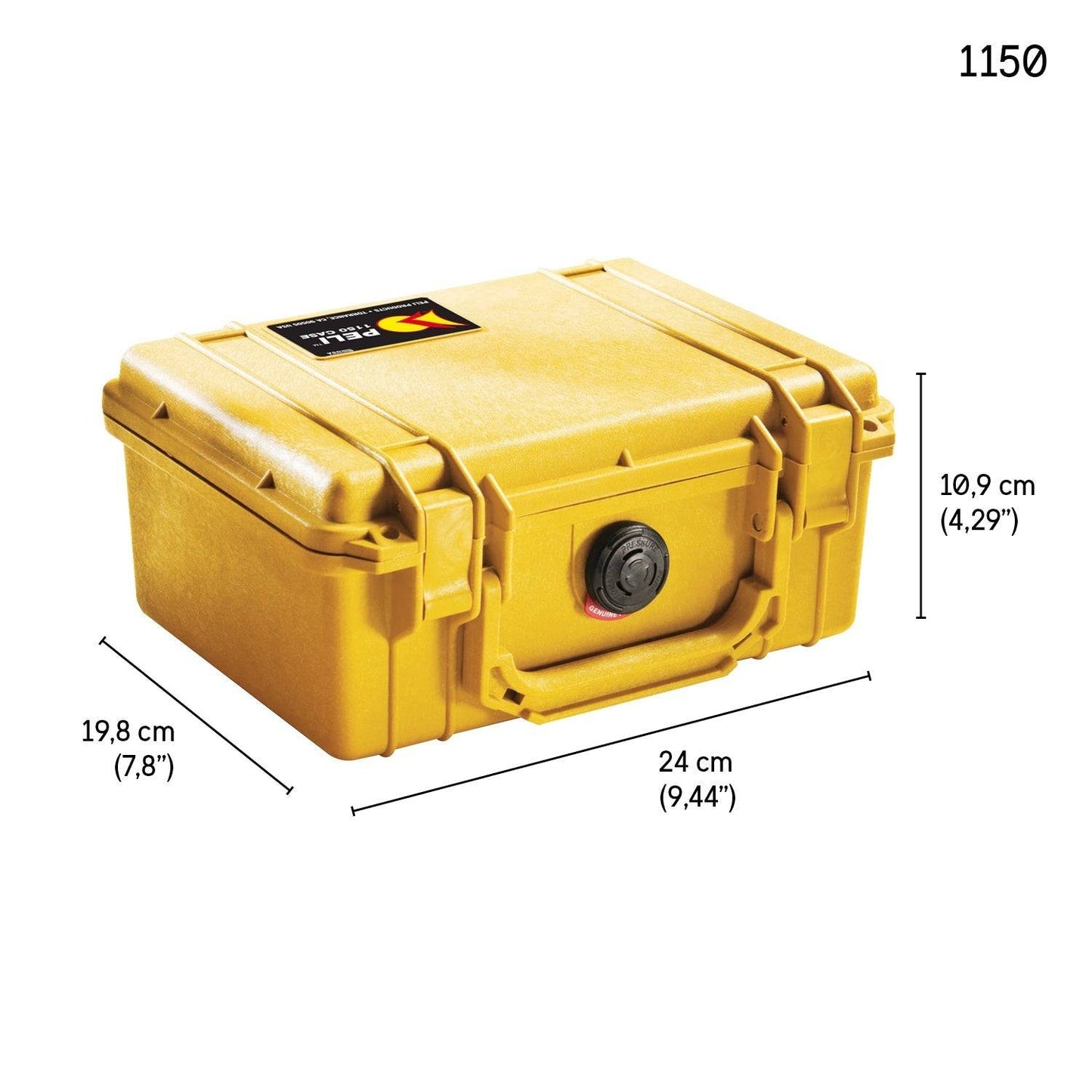 The yellow 1150 Protector Case is made of hard plastic, features a handle, double latch closure, and measures 24 x 19.8 x 10.9 cm (9.44 x 7.8 x 4.29). It's a watertight case ideal for protecting equipment.
