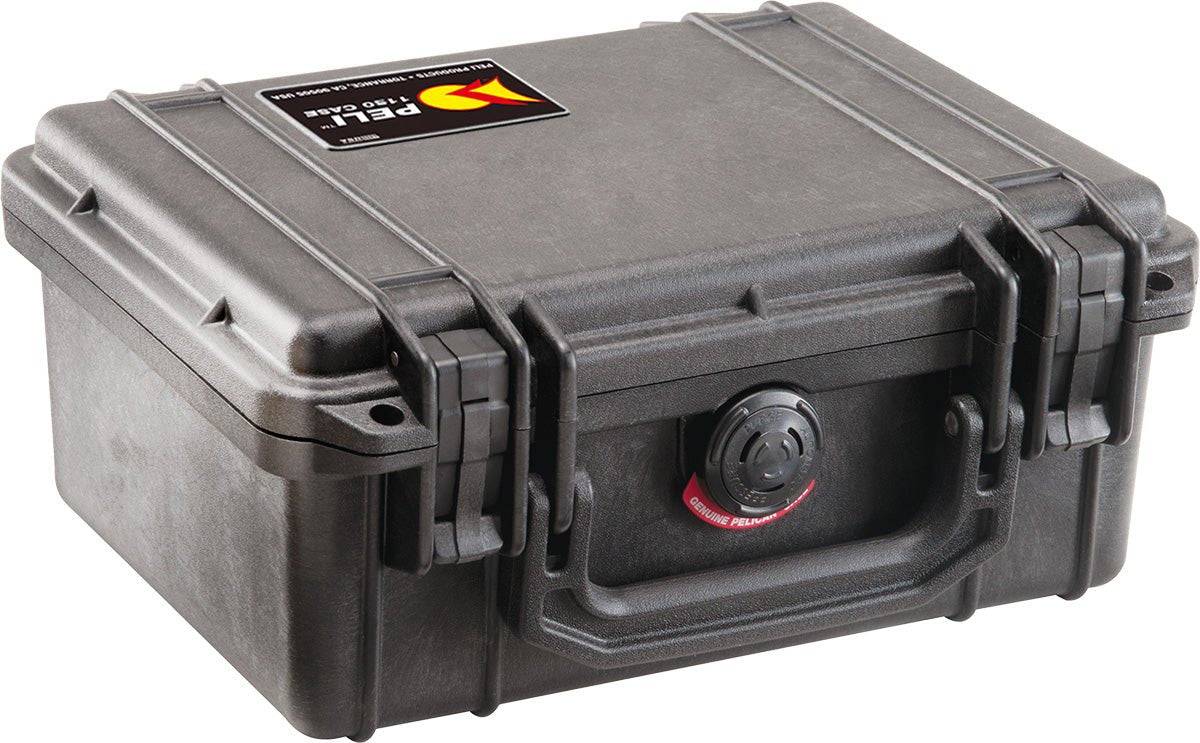 The black 1150 Protector Case features a hard-shell design, secure latches, front round locking mechanism, and handle—perfect for keeping your valuables safe.