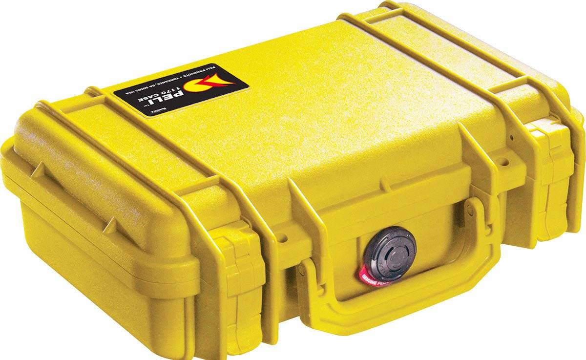 A yellow 1170 Protector Case with a black latch and handle, featuring a label on the top left—designed as a watertight case ideal for protecting electronics.