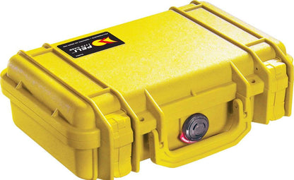 A yellow 1170 Protector Case with a black latch and handle, featuring a label on the top left—designed as a watertight case ideal for protecting electronics.