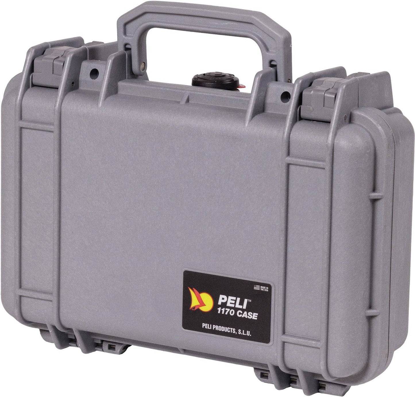 The gray 1170 Protector Case features a handle, secure latches, and a front label with the model number. This watertight case keeps your electronics safe and dry while offering dependable protection on the go.