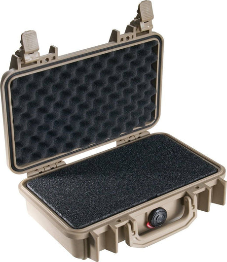 A small tan 1170 Protector Case with foam padding and open latches, shown open on a white background—perfect for electronics protection.