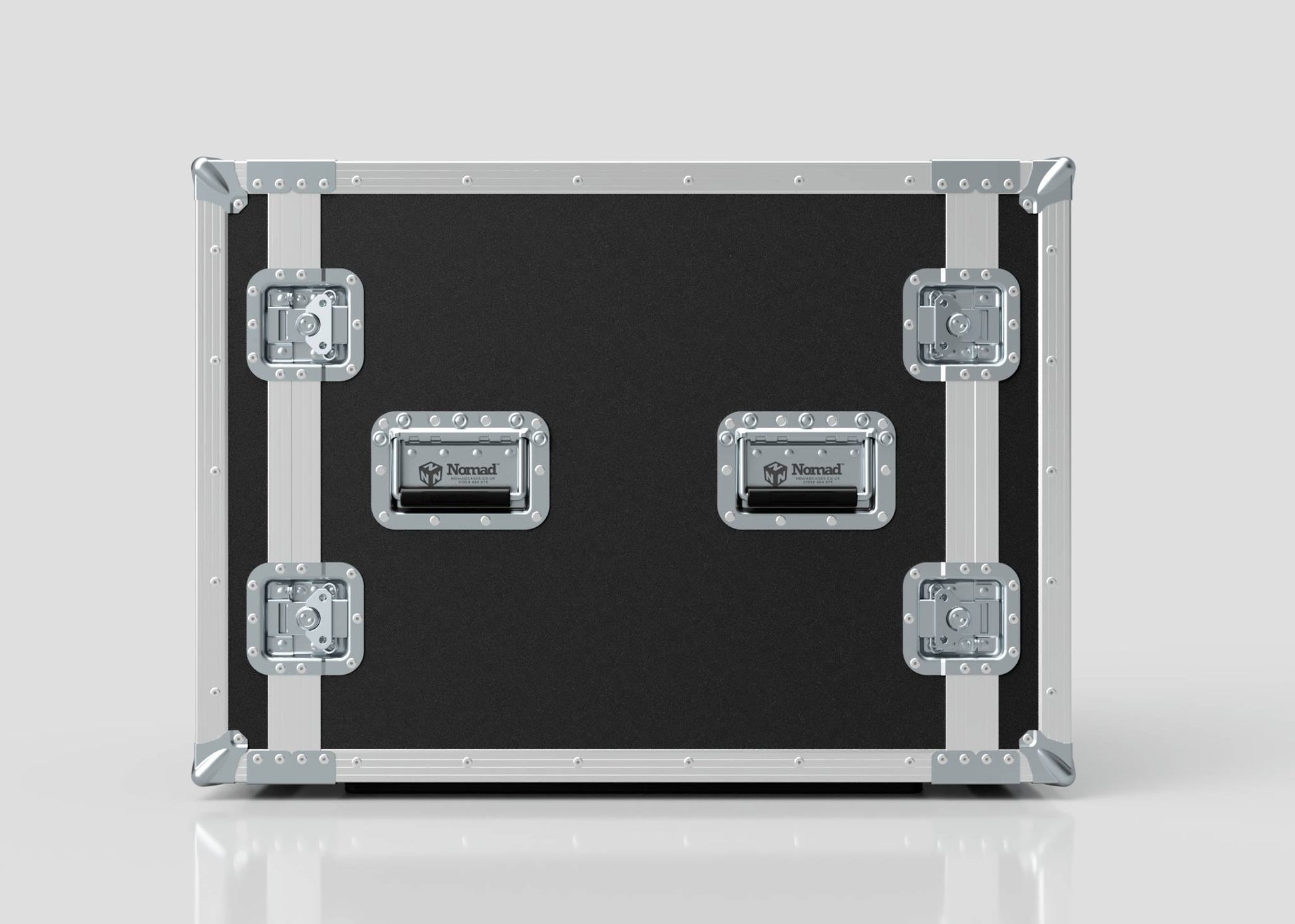 The 11U Foam Shock Mounted 19" Rack Case is black and silver with metal reinforced corners, latches, and two central handles featuring the Nomad logo, shown against a plain light background.