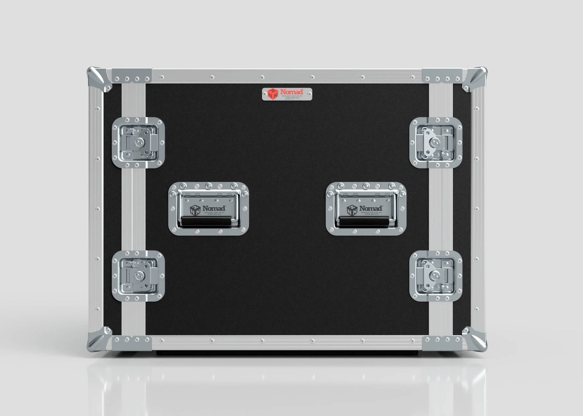 The 11U Foam Shock Mounted 19" Rack Case is a black and silver equipment rack with metal-reinforced corners, latches, "Nomad" branded handles, and a red label at the top center.