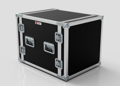 The 11U Foam Shock Mounted 19" Rack Case is a large black equipment rack with metal reinforcements, silver hardware, handles, and latches, shown on a plain white background.