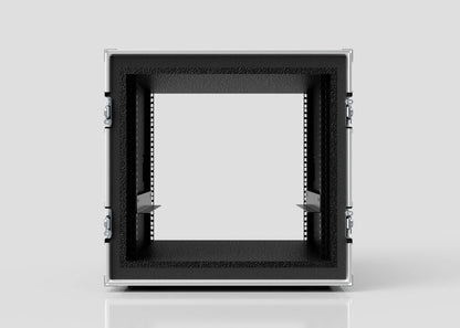 Front view of an empty 11U Foam Shock Mounted 19" Rack Case, black with a metallic frame and side latches, open on a reflective surface against a plain light background.