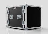 An 11U Foam Shock Mounted 19" Rack Case in black and silver with metal-reinforced edges and latches sits on a smooth white surface against a plain background.