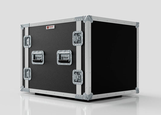 An 11U Foam Shock Mounted 19" Rack Case in black and silver with metal-reinforced edges and latches sits on a smooth white surface against a plain background.