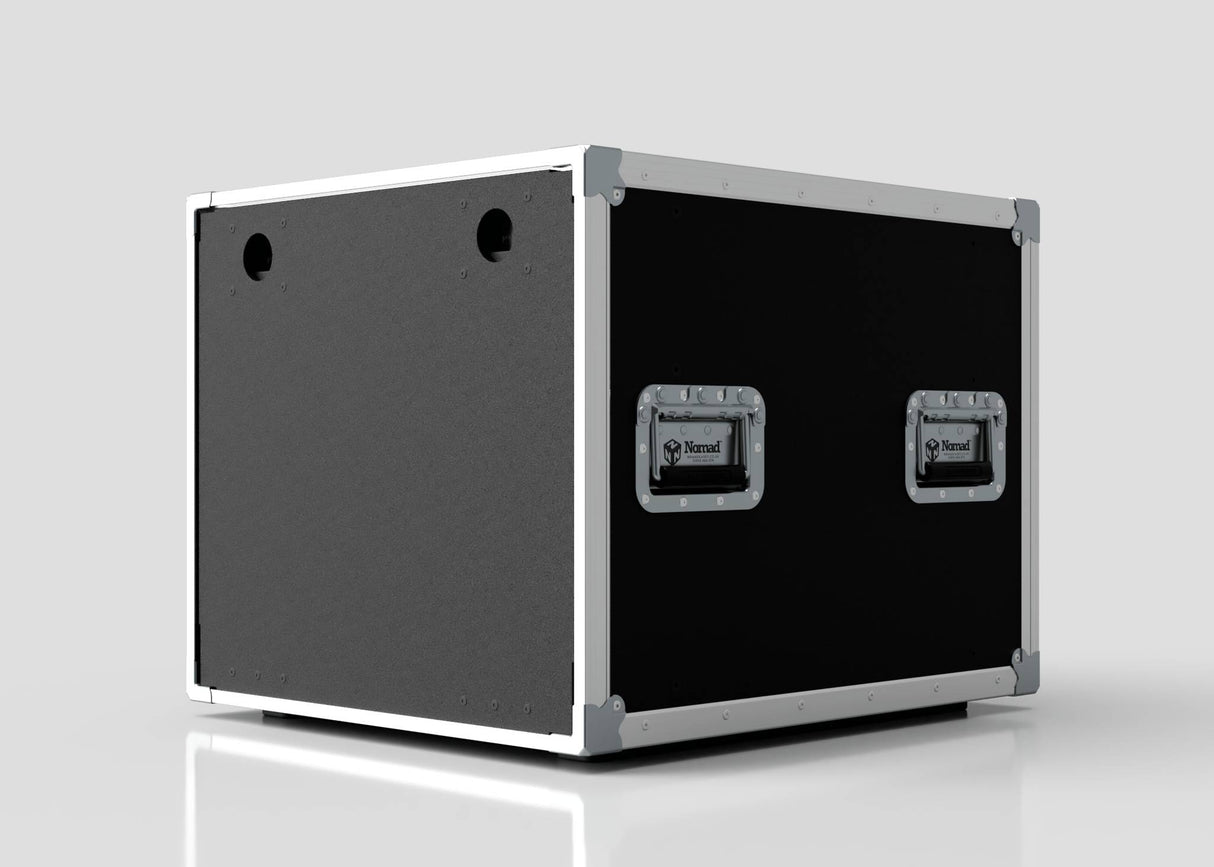 The 11U Slam Rack Case, featuring a black and silver finish with metal edges and sturdy handles, is displayed on a reflective white surface against a plain backdrop.
