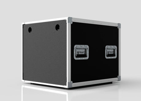 The 11U Slam Rack Case, featuring a black and silver finish with metal edges and sturdy handles, is displayed on a reflective white surface against a plain backdrop.