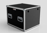 The 11U Slam Rack Case is a black rectangular flight case with silver metal edges, two recessed side handles, and a front label, shown on a plain light background.