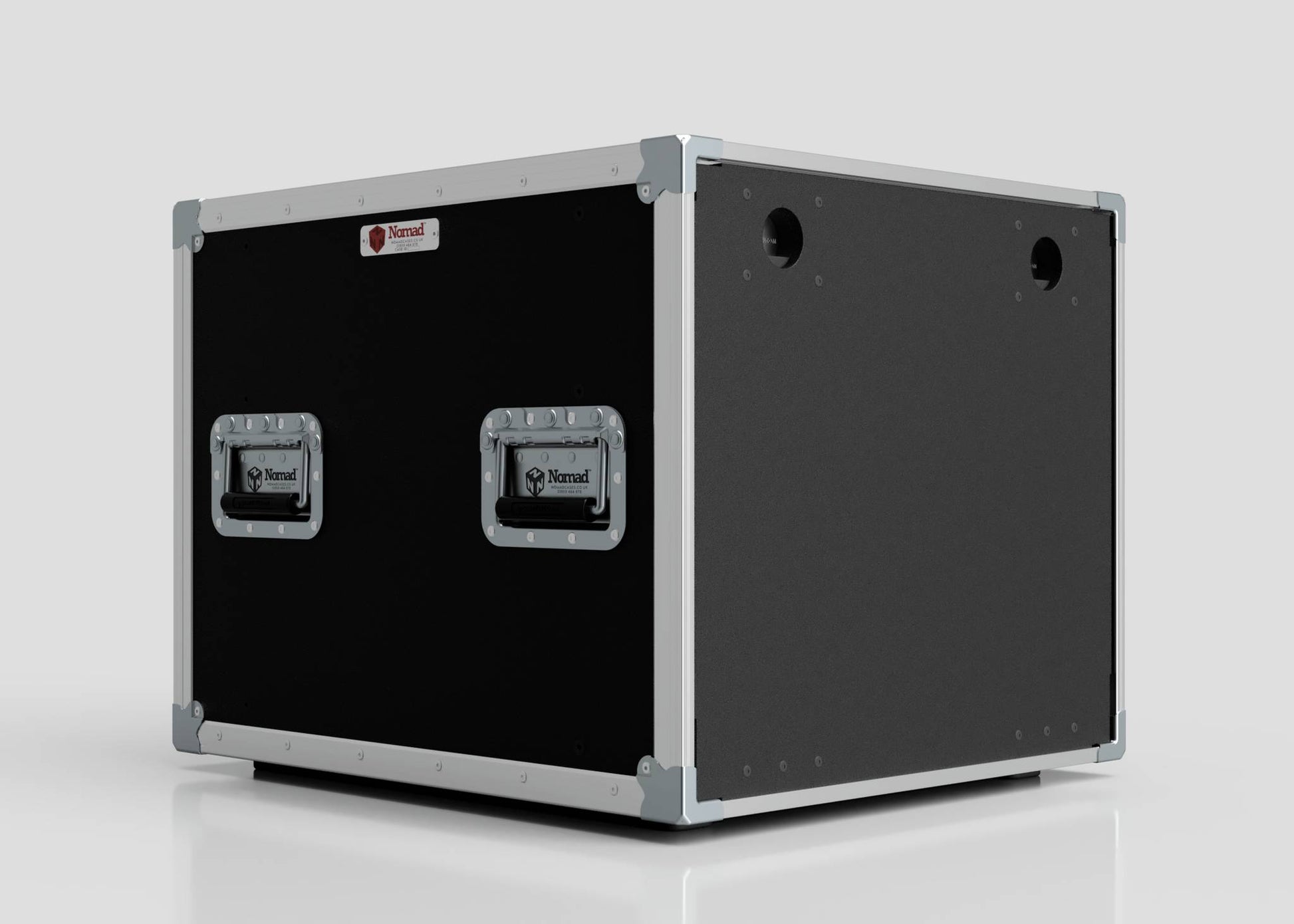 The 11U Slam Rack Case is a large, black and silver rectangular equipment case with two metal handles and reinforced corners, shown standing on a white surface.