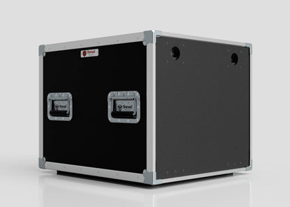 The 11U Slam Rack Case is a large, black and silver rectangular equipment case with two metal handles and reinforced corners, shown standing on a white surface.