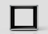 A front view of the 11U Slam Rack Case, an empty open metal rackmount enclosure with a black interior and silver exterior, designed for electronics or server equipment.