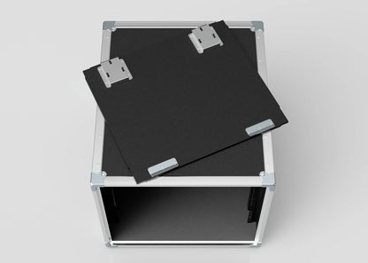 The 11U Slam Rack Case is a black and silver rackmount enclosure with an open top and a removable lid, partially placed on the case, shown against a plain background.
