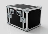 The 11U Standard Rack Case, a large black and silver UK-made unit with reinforced metal edges and handles, is shown on a plain light gray background, providing reliable protection for your equipment.