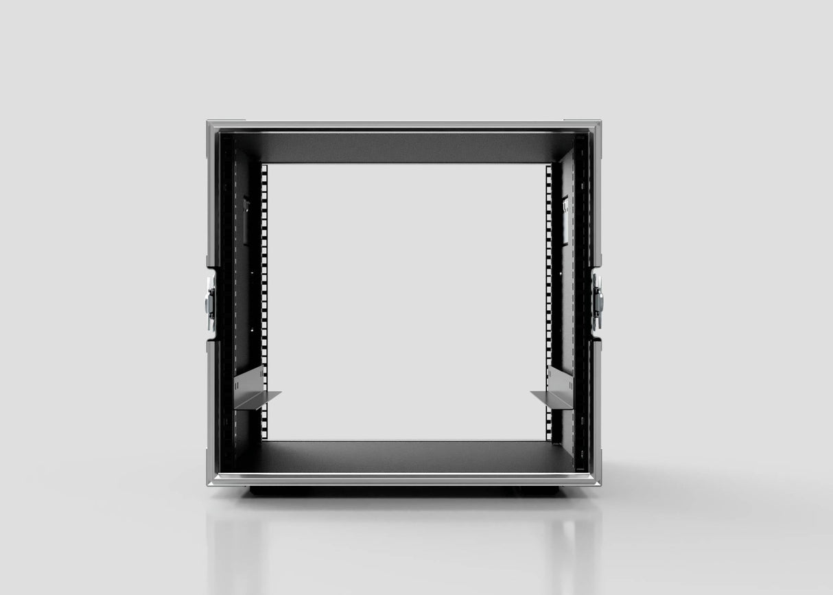 A front-facing view of the 11U Standard Rack Case in black metal with side handles, empty and set against a plain light background—perfect for pairing with birch plywood racks or other UK-manufactured racks.