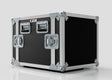 The 11U Standard Rack Case, in black and silver with metal reinforced corners, sturdy latches, and handles, sits on a white surface. UK-made, this rack offers durability and a professional look for your gear.