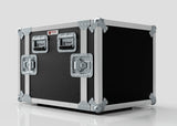 The 11U Standard Rack Case, in black and silver with metal reinforced corners, sturdy latches, and handles, sits on a white surface. UK-made, this rack offers durability and a professional look for your gear.