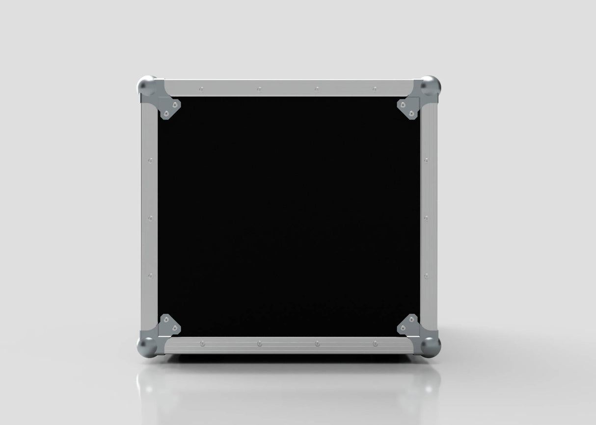The 11U Standard Rack Case is a black, rectangular unit made in the UK, featuring silver metal edges and reinforced corners, displayed upright on a reflective white surface with a plain light background.