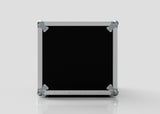 The 11U Standard Rack Case is a black, rectangular unit made in the UK, featuring silver metal edges and reinforced corners, displayed upright on a reflective white surface with a plain light background.