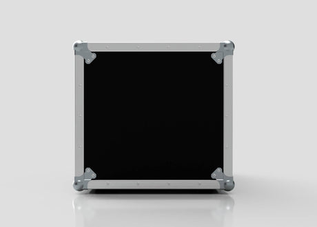 The 11U Standard Rack Case is a black, rectangular unit made in the UK, featuring silver metal edges and reinforced corners, displayed upright on a reflective white surface with a plain light background.
