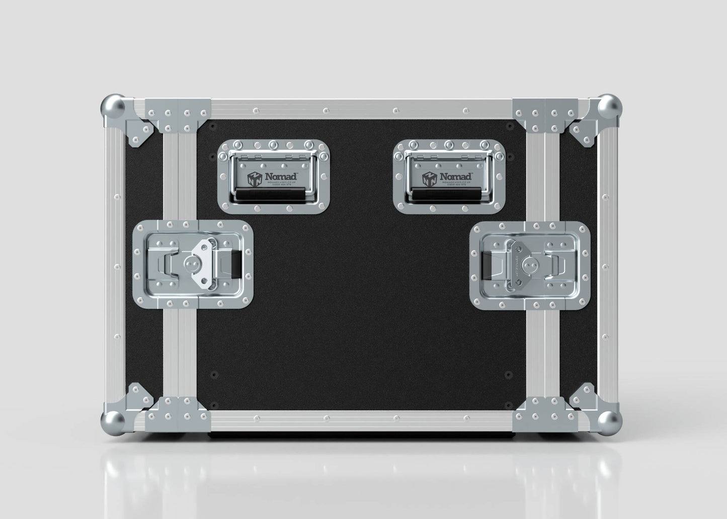 The 11U Standard Rack Case, made in the UK with reinforced metal corners and three secure latches, is shown in sleek black and silver on a plain light background.