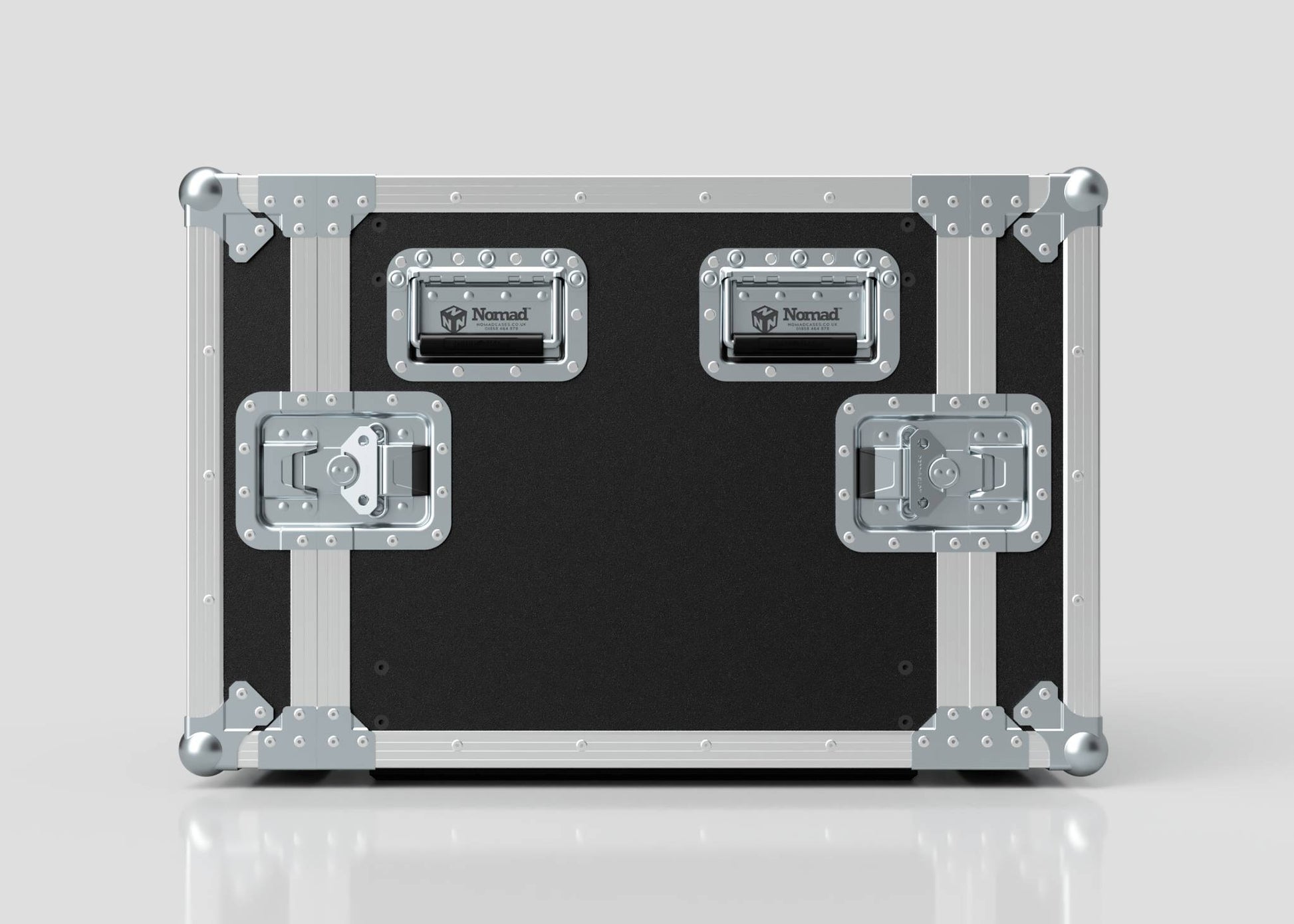 The 11U Standard Rack Case, made in the UK with reinforced metal corners and three secure latches, is shown in sleek black and silver on a plain light background.