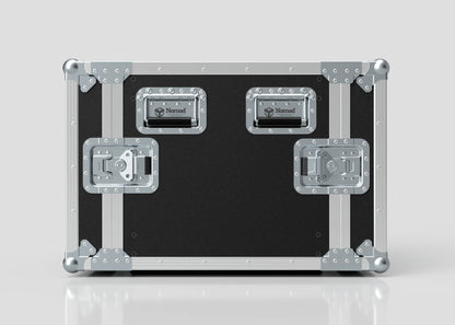 The 11U Standard Rack Case, made in the UK with reinforced metal corners and three secure latches, is shown in sleek black and silver on a plain light background.
