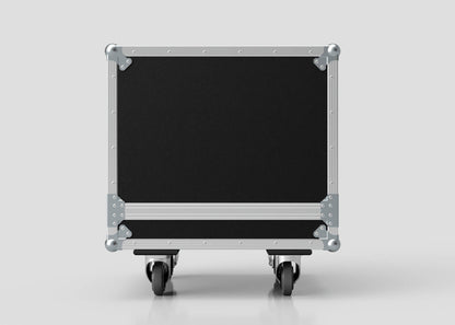 A black 11U Standard Rack Sleeve With Case With Lift Off Lid featuring metal edges, reinforced corners, and four caster wheels is positioned against a plain light background.