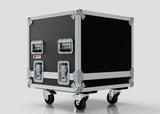 A black and silver 11U Standard Rack Sleeve With Case with lift-off lid, reinforced metal corners, metal handles, and heavy-duty caster wheels, shown against a plain light gray background.