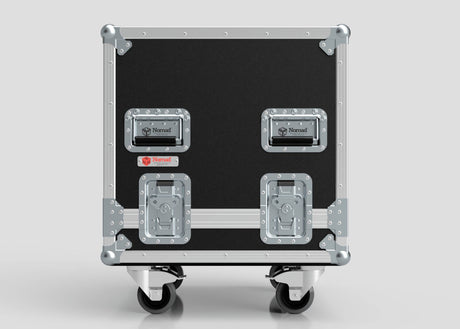 The 11U Standard Rack Sleeve With Case With Lift Off Lid is a black and silver rolling equipment case, featuring metal reinforcements, handles, and latches, shown against a light grey background.