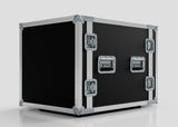 The 11U Suspended Shock Mounted Rack Case, crafted from European Birch plywood with black and silver hard sides, metal corner protectors, and latches, is displayed on a light gray background.