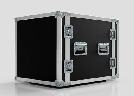 The 11U Suspended Shock Mounted Rack Case, crafted from European Birch plywood with black and silver hard sides, metal corner protectors, and latches, is displayed on a light gray background.