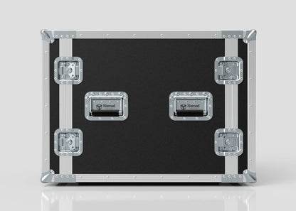 The 11U Suspended Shock Mounted Rack Case in black and silver features metal reinforcements, handles, latches, and a shock-mounted rack for added protection, shown on a light gray background.