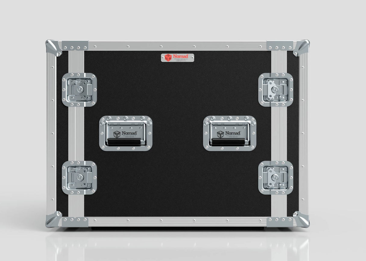 The 11U Suspended Shock Mounted Rack Case features a black and silver hard shell with metal reinforcements, four latches, two handles, a Nomad label on the front, and a shock-mounted rack for secure, protected transport.