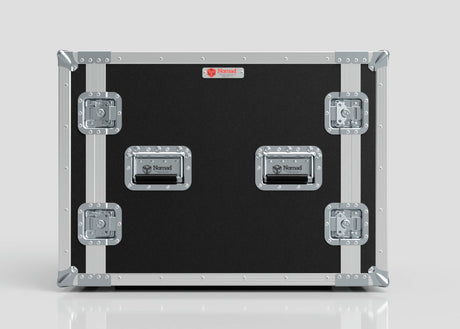 The 11U Suspended Shock Mounted Rack Case features a black and silver hard shell with metal reinforcements, four latches, two handles, a Nomad label on the front, and a shock-mounted rack for secure, protected transport.