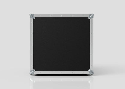 The 11U Suspended Shock Mounted Rack Case, a black rectangular hard case made from European Birch plywood with metal edges and corner protectors, stands upright against a plain light gray background.