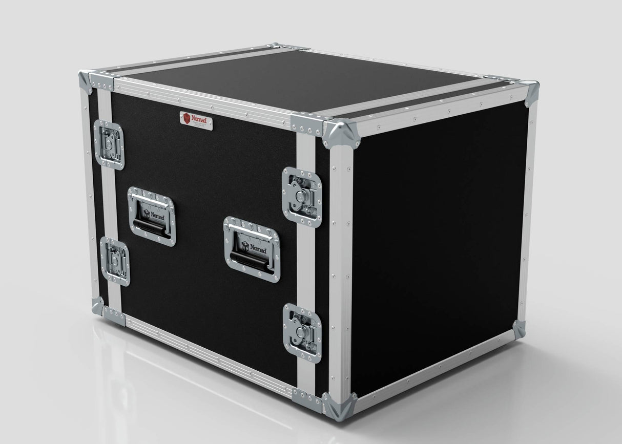 The 11U Suspended Shock Mounted Rack Case, made from European Birch plywood with metal reinforcements, corner protectors, and three side handles in black and silver, rests on a white surface.
