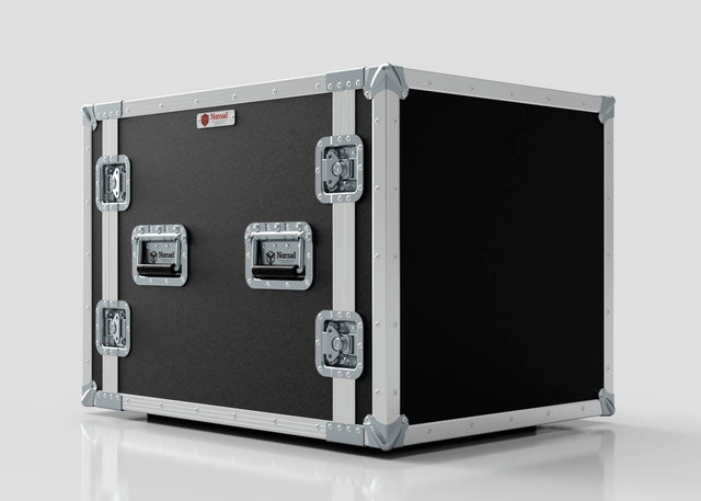 The 11U Suspended Shock Mounted Rack Case, made from European Birch plywood with black and silver metal corners and handles, is shown on a plain light background.