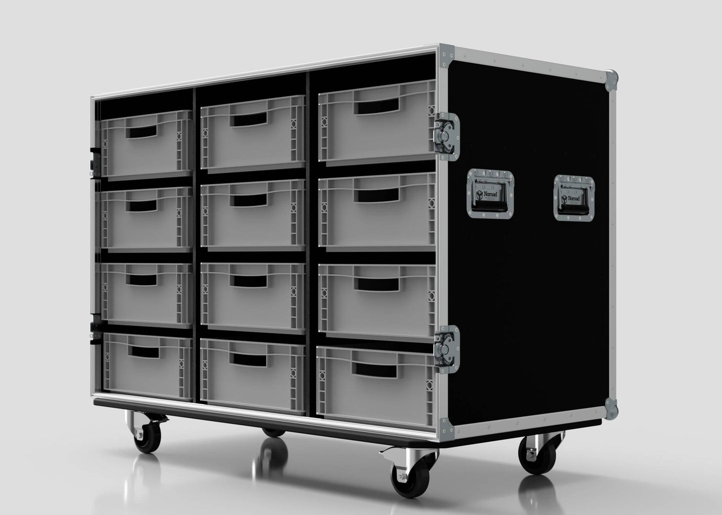 The 12 Way Euro Crate Case is a black storage cart on wheels featuring twelve gray, high-load pull-out drawers, metal corner protectors, and dual side handles.