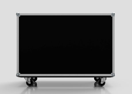 The 12 Way Euro Crate Case is a large black rectangular equipment case with metal edges and high load capacity, featuring four caster wheels, set against a plain light gray background.