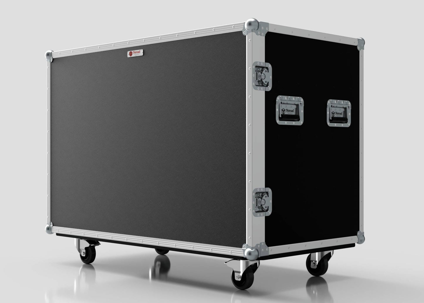 The 12 Way Euro Crate Case is a large, black, rectangular equipment case with metal edges, two handles, locking latches, and four caster wheels on the bottom, offering high load capacity against a plain white background.