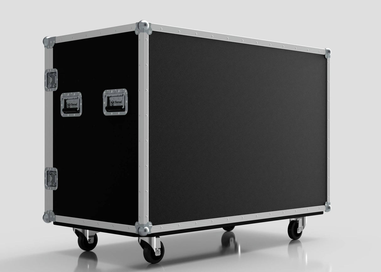 The 12 Way Euro Crate Case is a large black road case with metal edges, dual handles, two latches, and four caster wheels for high load capacity, shown against a plain light background.