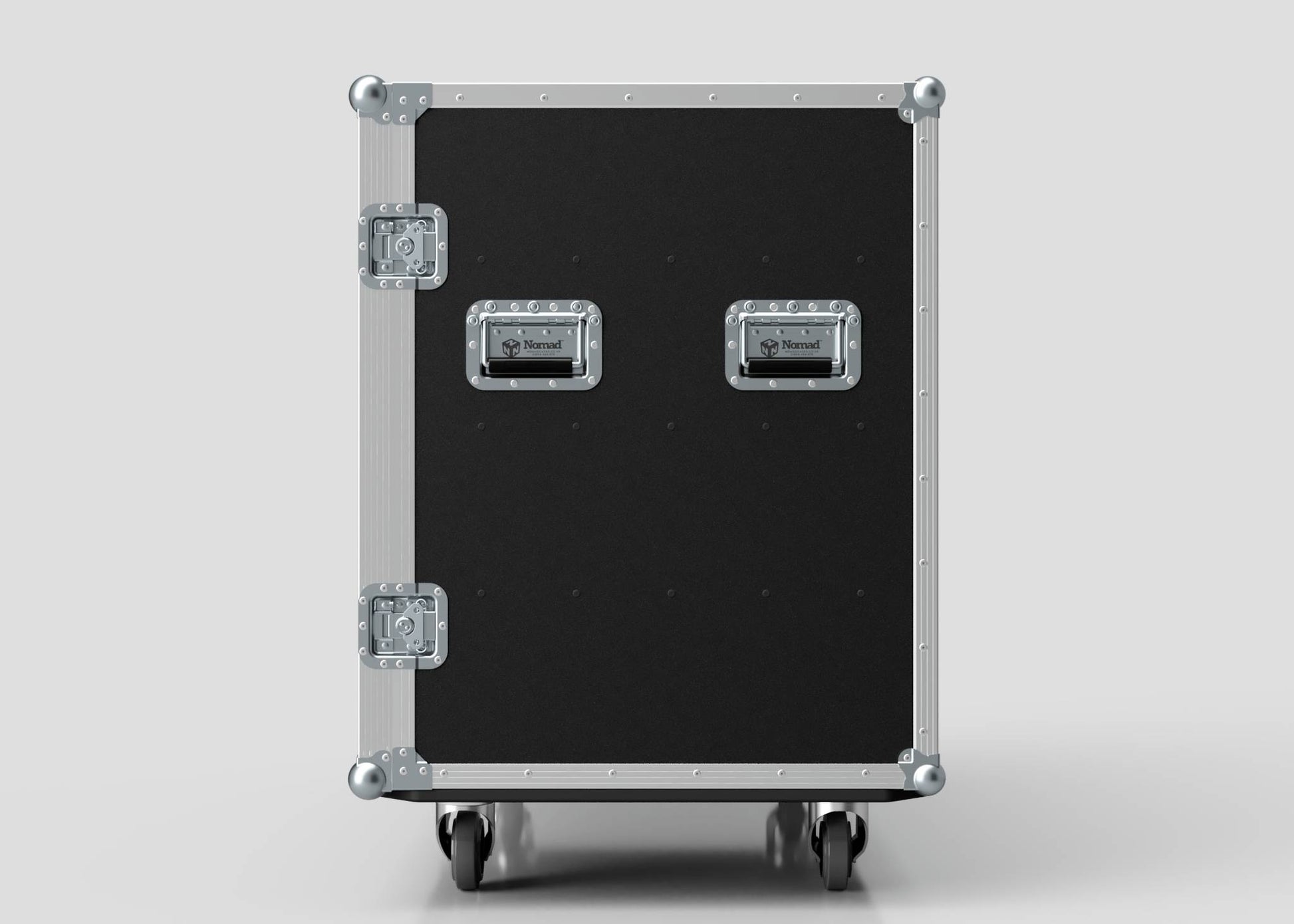 The 12 Way Euro Crate Case, shown in black with metal reinforcements, two handles, and wheels, is designed for high load capacity and reliable transport against a plain white background.