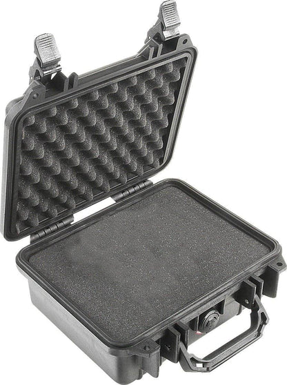 The 1200 Protector Case, shown open, features a black hard shell with foam padding inside, visible latches, and a carrying handle.