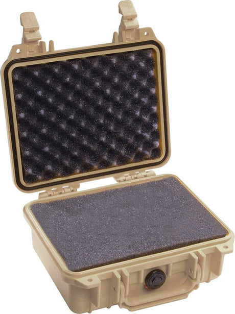 The 1200 Protector Case is a tan hard plastic PELI case, shown open with egg-crate foam in the lid and flat foam in the base, providing a foam-lined interior for protection.