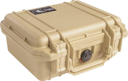 Tan hard plastic 1200 Protector Case with secure latches and a pressure equalization valve, shown closed and viewed from an angle.
