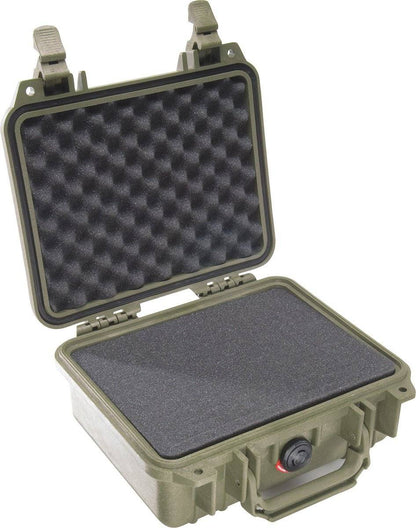 Open olive green 1200 Protector Case with foam padding, two top latches, and a front handle.