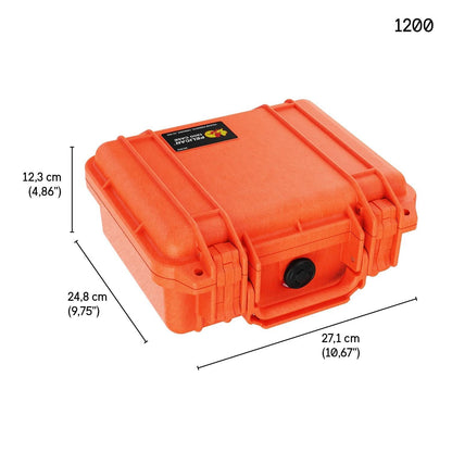The 1200 Protector Case is an orange hard-shell PELI case with a black latch and handle, measuring 12.3 cm high, 24.8 cm wide, and 27.1 cm long. Watertight for secure, reliable protection of valuable equipment.